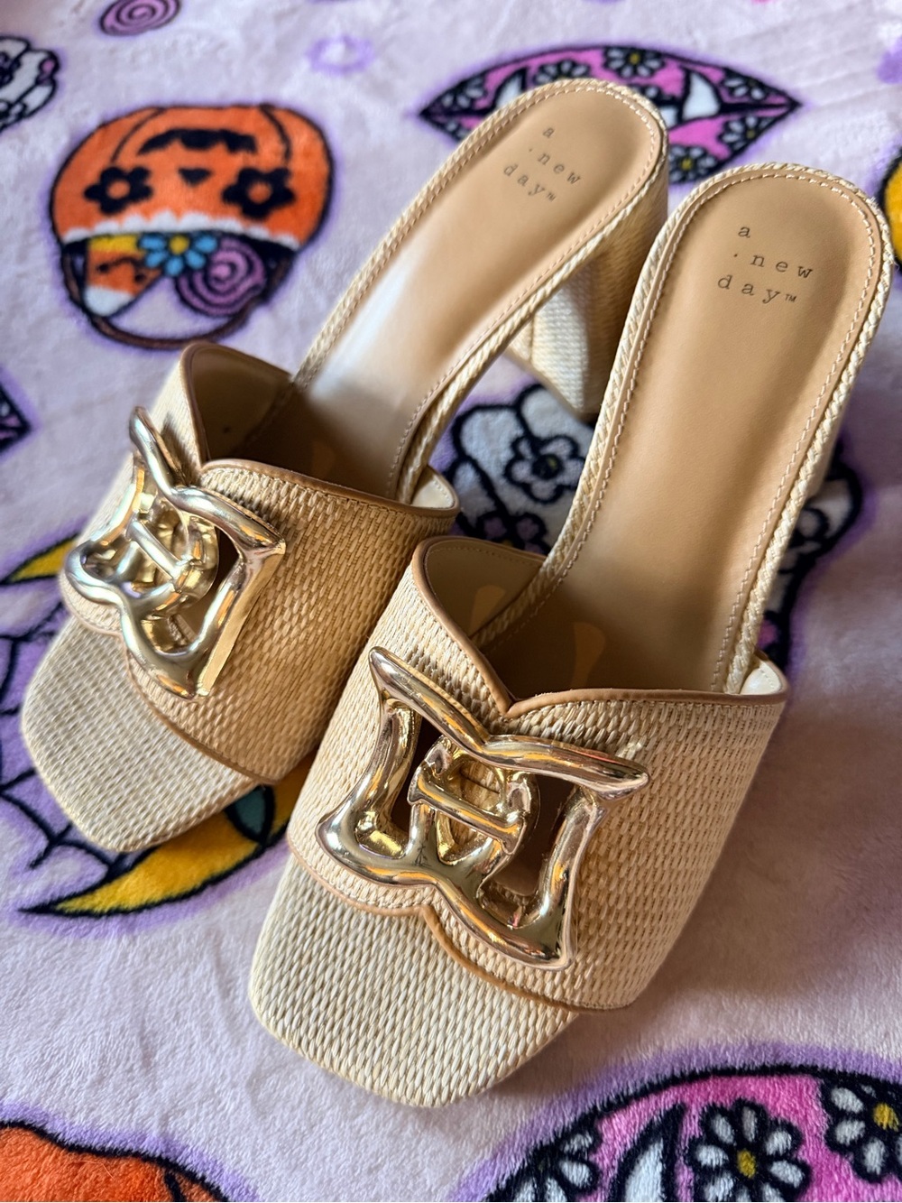 a new day Beige Woven Block Heel Slides with Gold Chain Accent